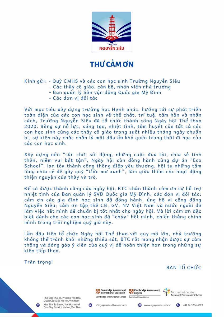 NGUYEN SIEU Sports day 2020- Letter of appreciation
